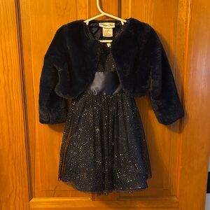 Girls' Navy Blue Dress with Faux Fur Jacket